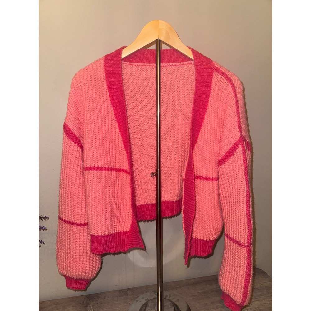 Pink Colorblock Chunky Knit Cardigan Cropped Open Front Sweater Large